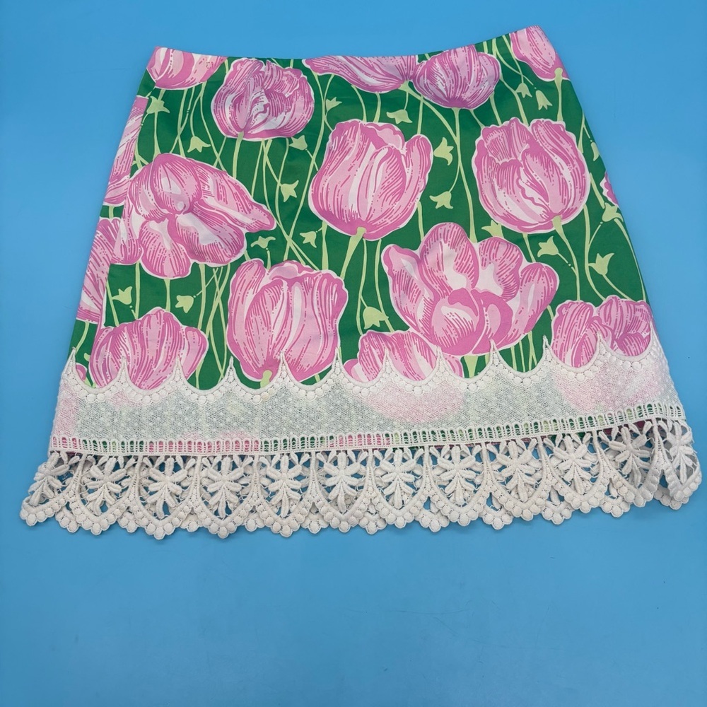 Vintage Lilly Pulitzer Tulip Print Skirt Crochet Lace Hem - Pink & Green Size 10